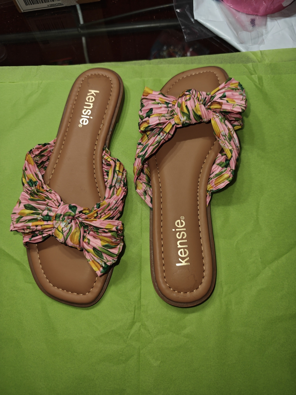 Kensie Pink Floral Bow Slide Sandals